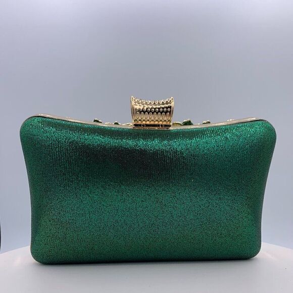 Purse/clutch/bag, deep emerald green, gold metal with crystals, hand or shoulder - Picture 3 of 16